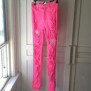 High waisted, neon pink, Ripped jeans